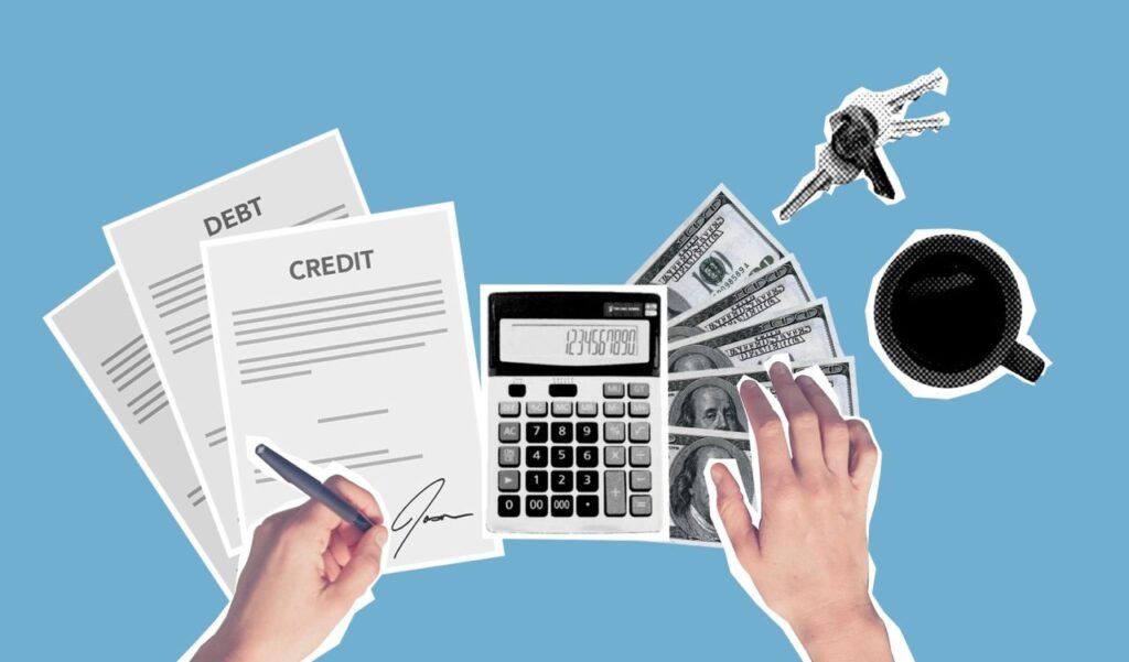 SBA SMALL BUSINESS LOAN Top view of cutout paper composition of male signing credit paper while counting cash and apartment cost against blue background