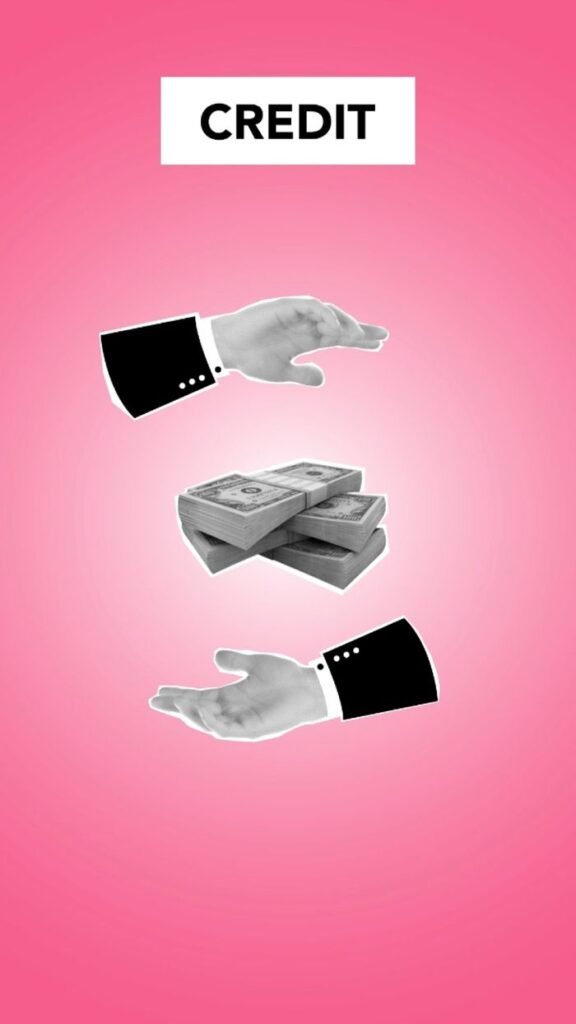 LOAN FOR DEBT CONSOLIDATION Creative cut out paper composition of hands around pile of dollar banknotes for credit on pink background